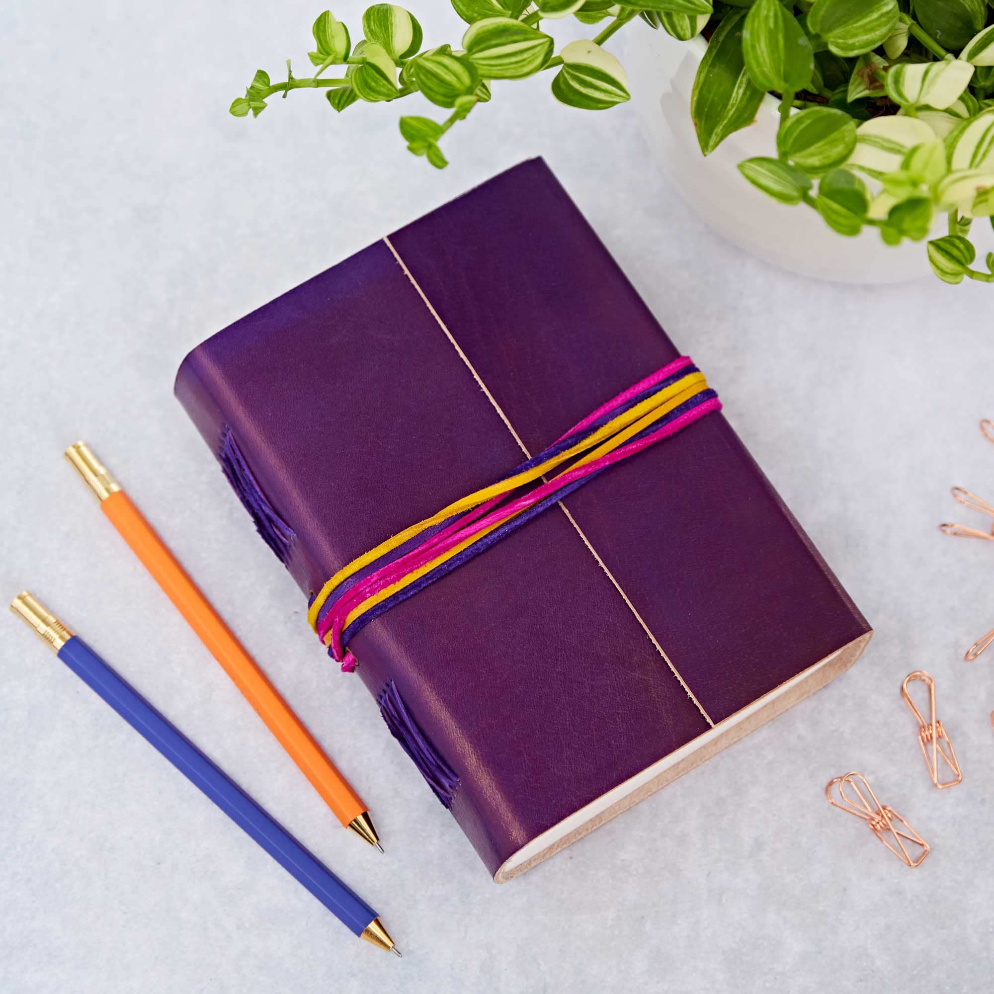 Handmade 3-String Purple Leather Journal | Plain Recycled Paper | 11cm x 16cm | Fair Trade & Eco Friendly Leather Bound Notebook Alternative for Men and Women