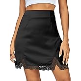 Vrtige Women's Satin Lace Trim High Waist Split Hem Bodycon Mini Short Skirt