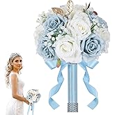 Qeedy Wedding Bouquets for Bride - Realistic Silk Flowers Artificial Roses, 9 Inch Bridesmaid Bouquet for Ceremony, Church, Anniversary, and Home Decoration (White & Blue)