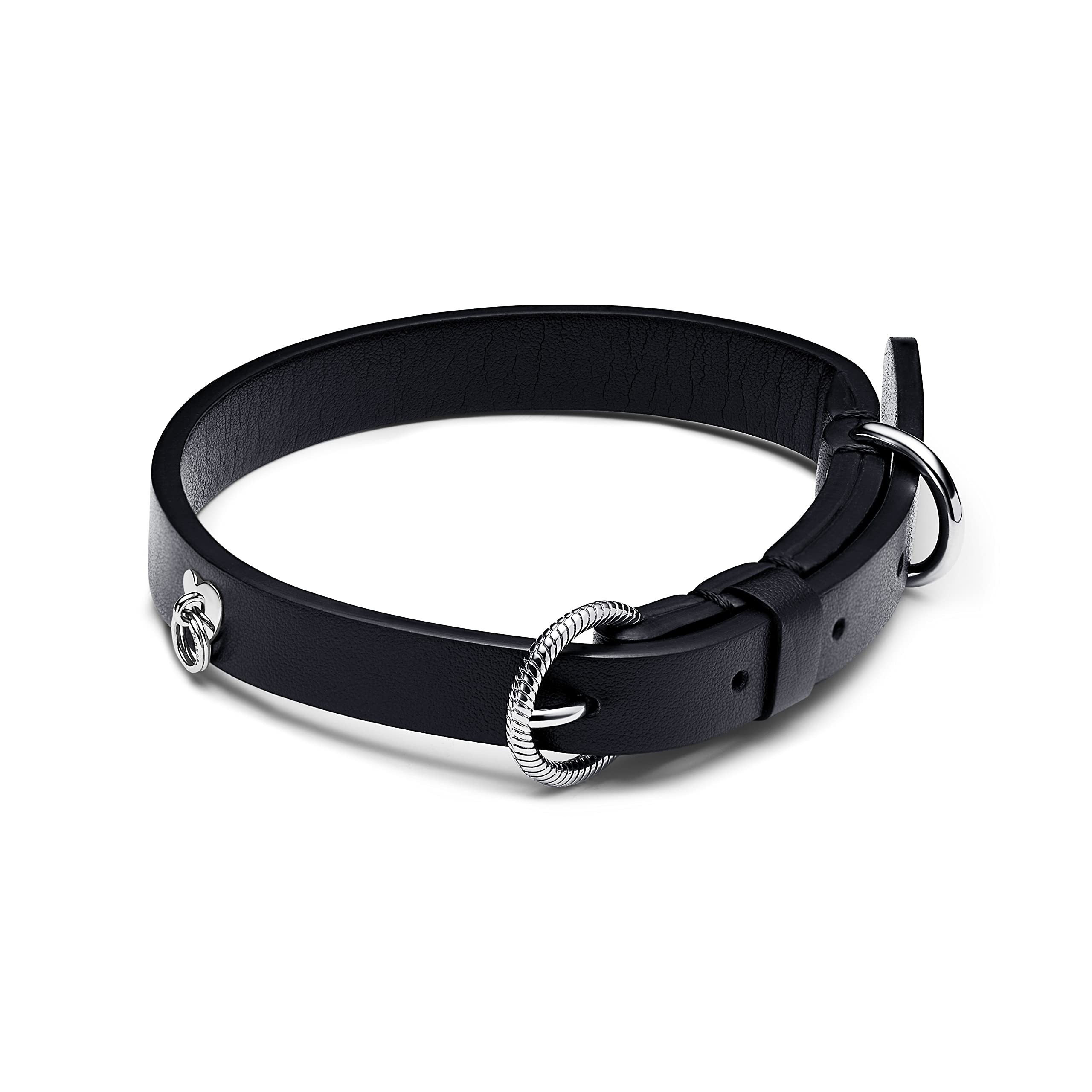 PANDORA Moments 312262C01-M Pet Collar Leather-Free Fabric with Heart-Shaped Studs Stainless Steel Size M 28-36 cm Black, Medium, Stainless Steel Corn fibres Viscose Stainless steel, No Gemstone