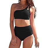 Buauty Women's Bikini Swimsuits Two Piece Bathing Suit with One Shoulder Top and High Waisted Tummy Control Bikini Bottom