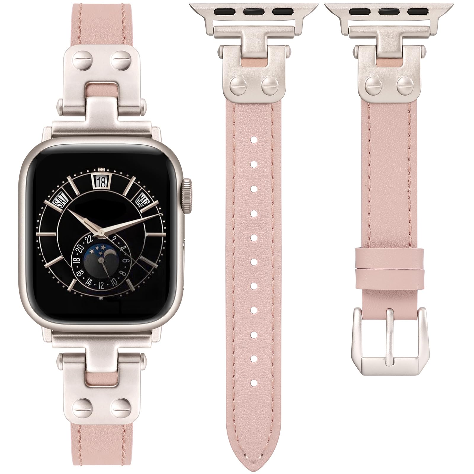 Minyee Slim Leather Band Compatible with Apple Watch 42/44/45/46/49mm Women, Dressy Thin Soft Leather Strap with Tapered Metal Buckle for iWatch Series 11 10 9 8 7 6 5 4 SE/Ultra 3 2 1,Pink/Starlight