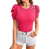 Floerns Women's Solid Tee Mock Neck Short Puff Sleeve Tops Blouse