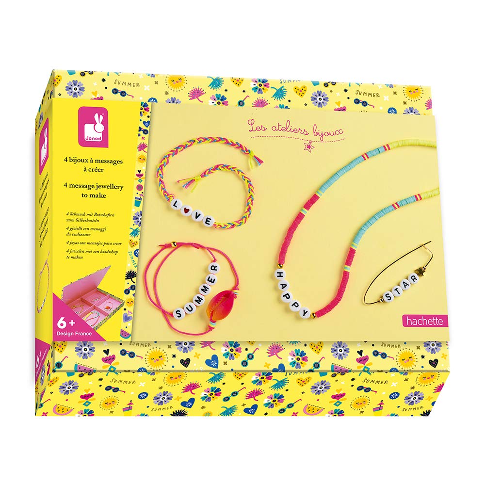 Janod - Box of 4 Message Jewellery Pieces to Create - Les Ateliers Bijoux - Children’s Creative Leisure Kit - Encourages Fine Motor Skills and Creativity - Suitable for ages 6 and up - J07932