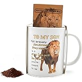 HJOCMLE Gifts for Son To My Son Gift from Mom or Dad Porcelain Coffee Mugs and Hot Chocolate Mix Set Microwave-safe Ceramic Cups Lion Cup as Birthday & Coming-of-age Ceremony for Boy,Teens