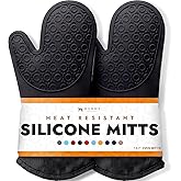 BPA-Free Silicone Oven Mitts Ultra Heat Resistant up to 500&deg;F - Oven Mitts with Thick Cotton Liner - Long Slip Resistant Pot Holders, Flexible Oven Gloves - Black 13.7"