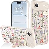 AIGOMARA for iPhone Air Case with Strap for Women Girls, Cute Floral Flowers Pattern, Soft Wirstband Kickstand Silicone Protective Cover, White