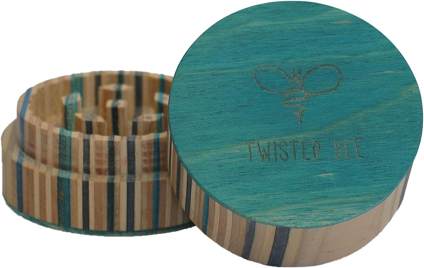 2 Piece Spice Herb Tobacco, Wood Grinder, Made from Recycled Skateboards | Twisted Bee (Blue)