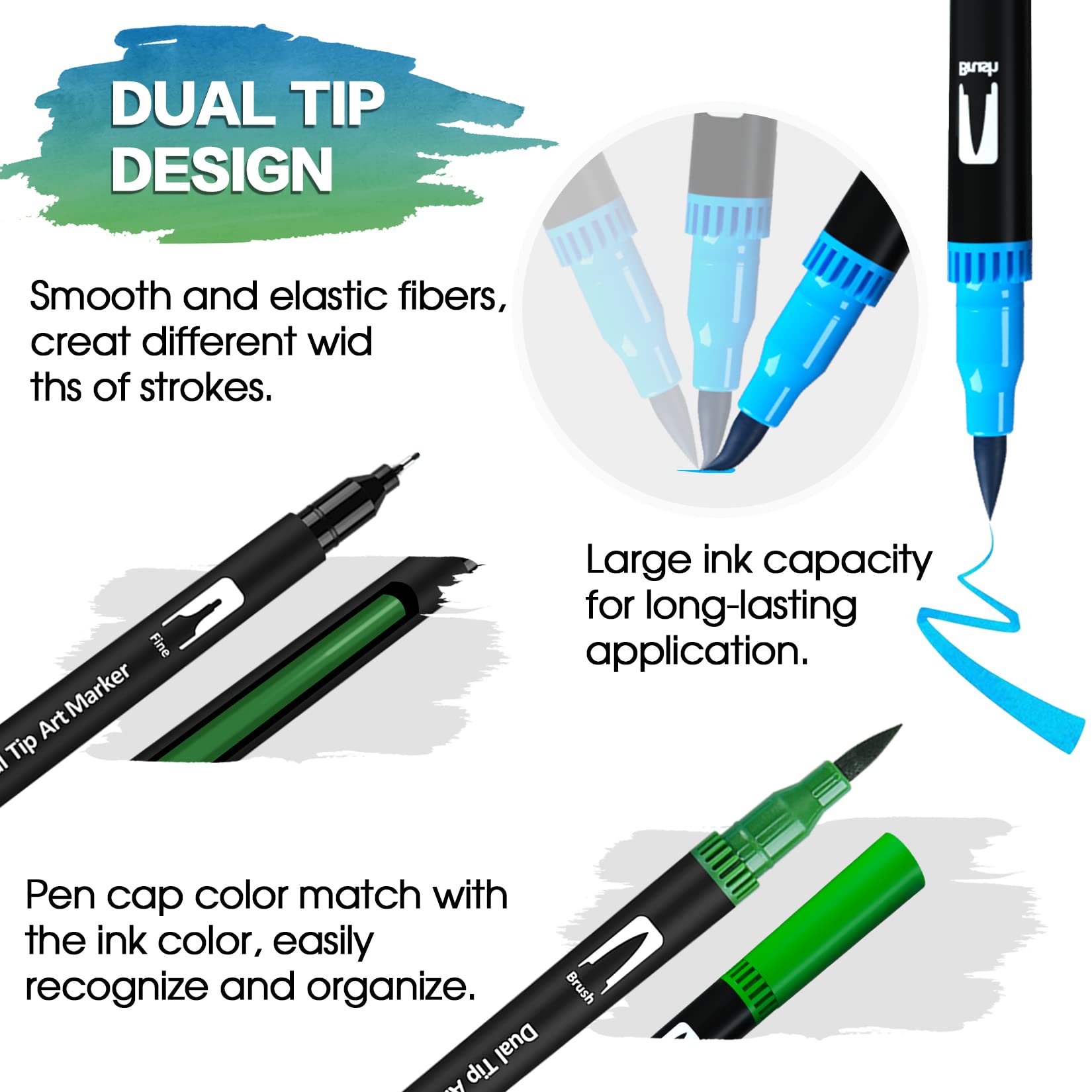 Dual Brush Pen Set, 24 Farben, Pinselstifte, Filzstifte für Kinder Bullet Journal Handlettering Aquarell Mandala Kalligraphie Manga Erwachsene Doppelfasermaler Fasermaler[1-2 mm] und Fineliner[0,4 mm] 4