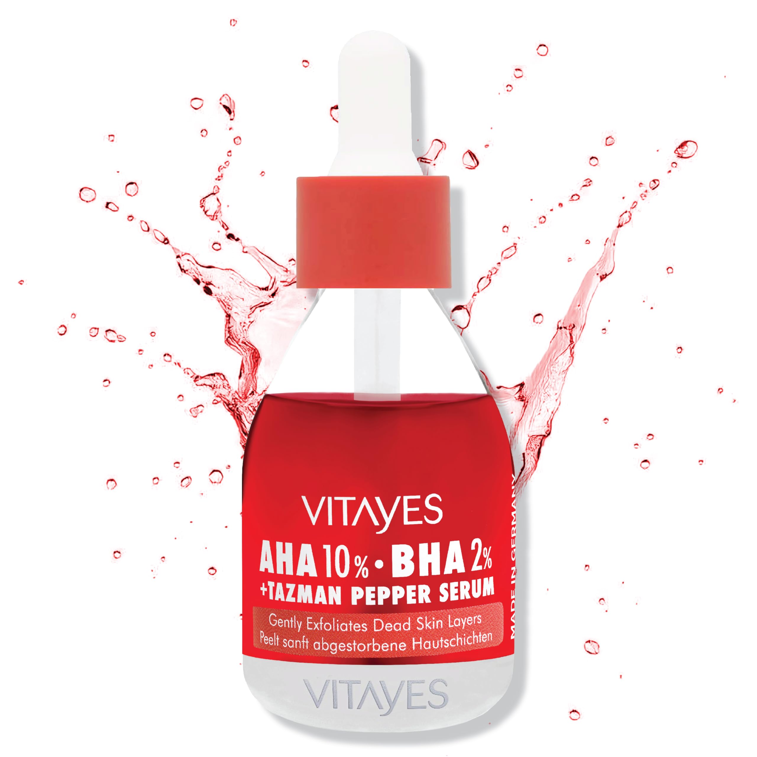 Vitayes AHA 10% + BHA 2% Red Exfoliating Serum, Pore Refining, Revitalising, Natural Ingredients, for All Skin Types, 30 ml