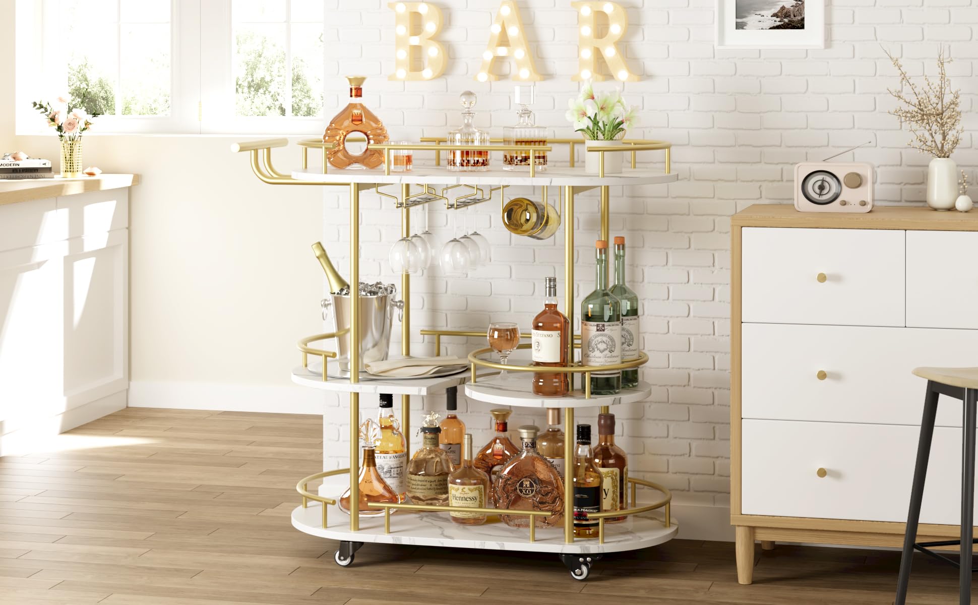 Photo 1 of ***MISSING PARTS*** CABIHOME Gold 3-Tier Rotating Bar Cart with Wheels, Modern Serving Cart for Kitchen, Living Room, Dining Room