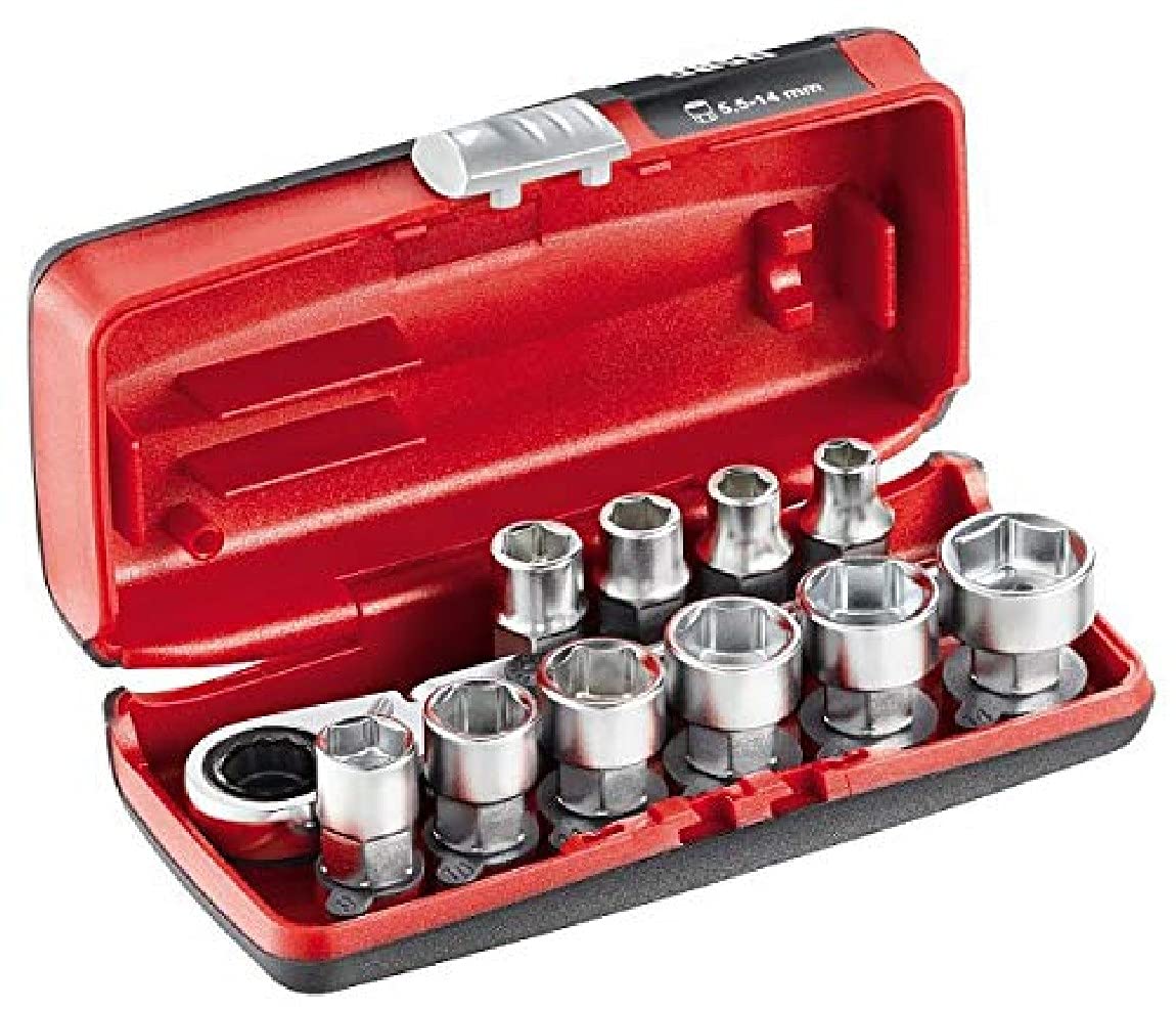 USAG U06100001 - 610 1/4" EFK - Assortment with short hexagonal sockets and reversible ratchet in bimaterial box (11 pcs.)