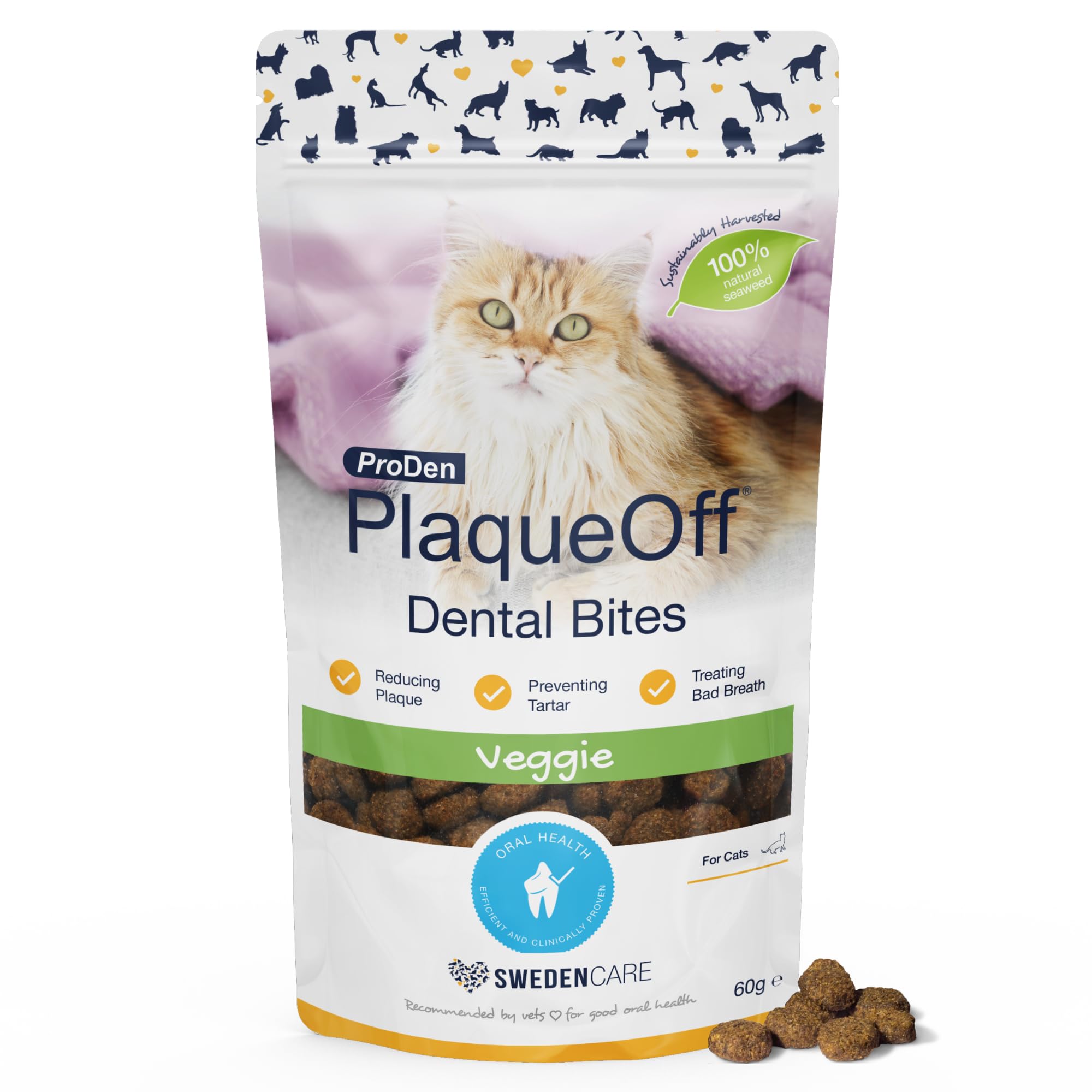 ProDen PlaqueOff Dental Bites for Cats Tartar & Bad Breath Remover 100% Natural Teeth Cleaner - Improve Overall Oral Health - Veggie Flavor 60g