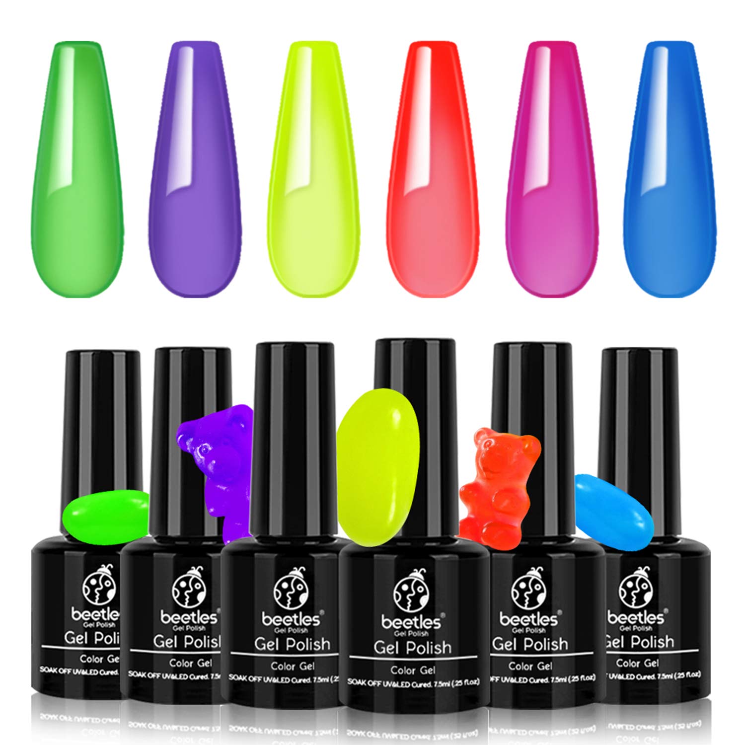 Beetles Jelly Crystal Gel Nail Polish Set Summer-6pcs Colors Blue Red Purple Rainbow Neon Yellow Green Orange Gel Polish Kit LED Dryer Cured See Through Nail Trend 2020 Gel Nail Art Kit 7.3m Bottle