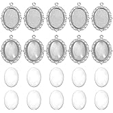 PH PandaHall 60pcs Pendant Tray Kit, 30pcs Oval Pendant Blank Bezels Platinum Pendants Trays Bases, 30pcs 25x18mm Clear Glass Cabochons Memorial Photo Charms for Wedding Bouquet Graduation Photo Charm