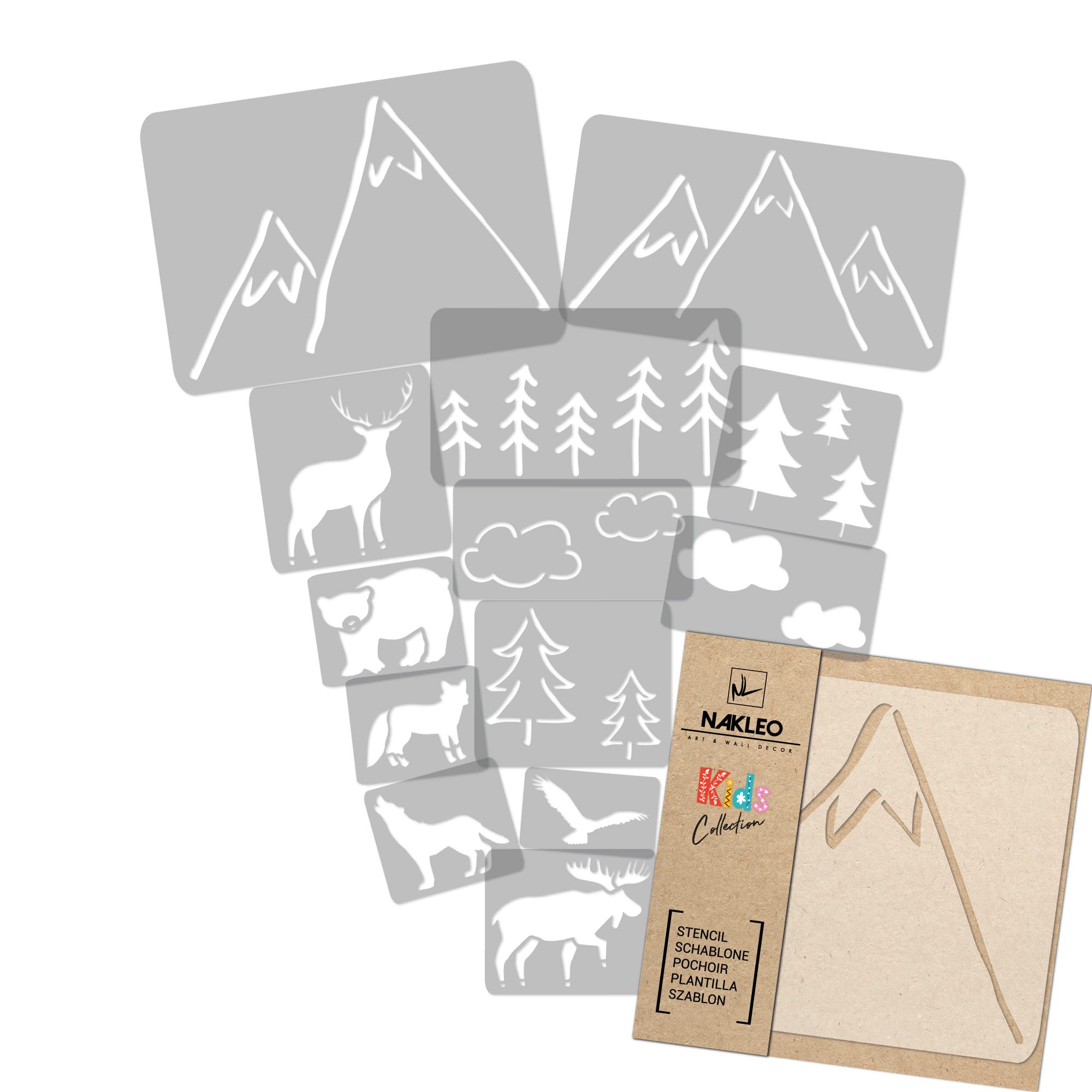 NAKLEO Painting Stencils Set for Kids, 14 Pcs Templates 9x12 to 23x34cm Mountain Forest, Plastic and Reusable Drawing Stencils, Children Room Decor, Craft DIY Wall Furniture