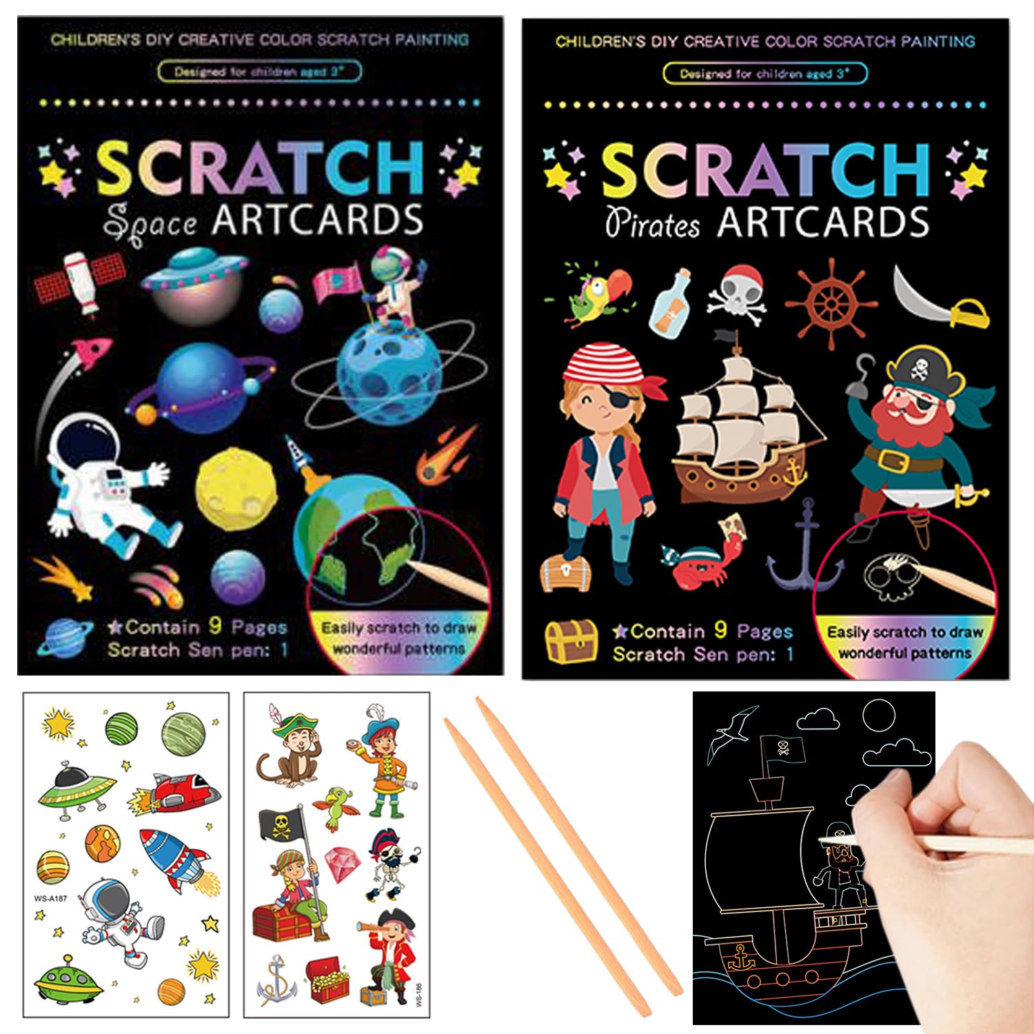 Georgie Porgy Scratch Art Paper Set DIY Arts Craft Kits for Kids Magic Rainbow Cards Boards Christmas Birthday Present for Boys Girls (Pirate Outer Space)