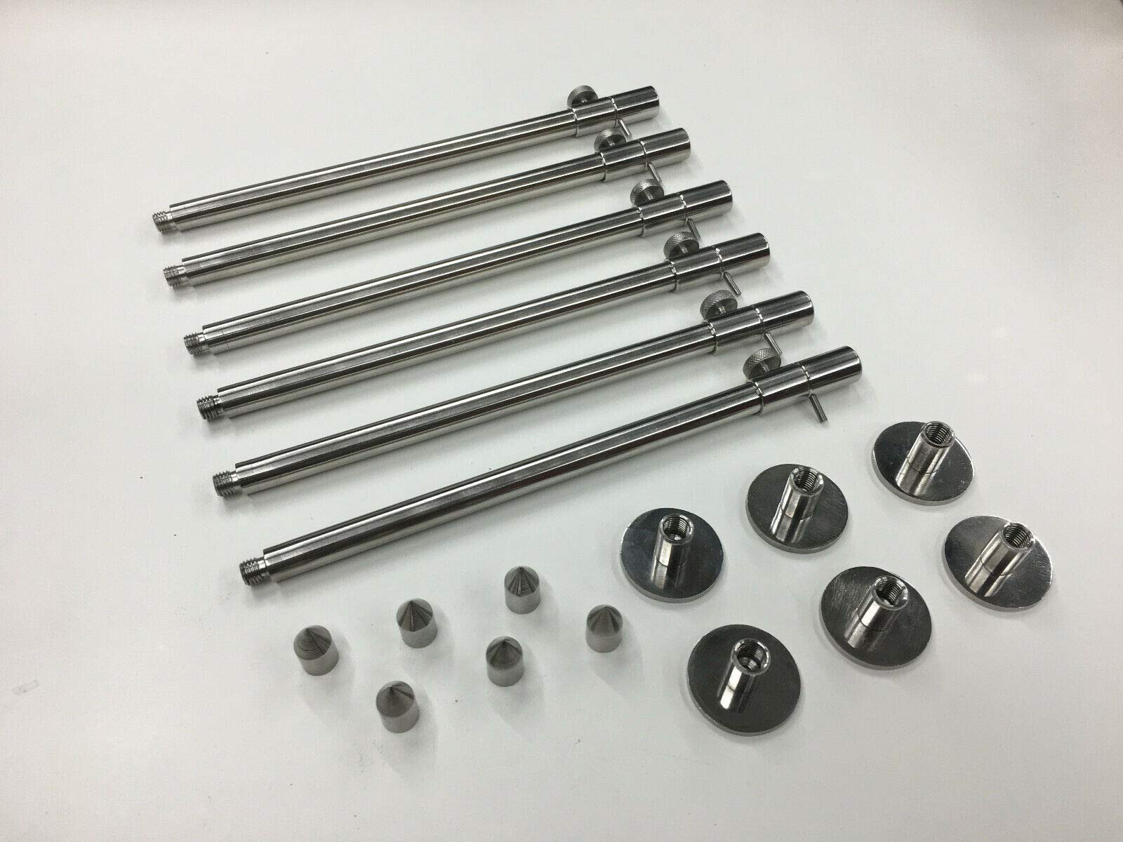 TMC 6 x Interchangeable duel stainless steel banksticks stage stand carp 25-45cm. The point unscrews and can be used as a stage stand. Points and stands supplied.