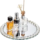 Hipiwe Mirror Glass Vanity Tray Sparkling Crystal Perfume Tray Round Decorative Tray Gorgeous Makeup Organizer Tray Jewelry Trinket Tray for Bathroom Dresser Table, 10.6 inch