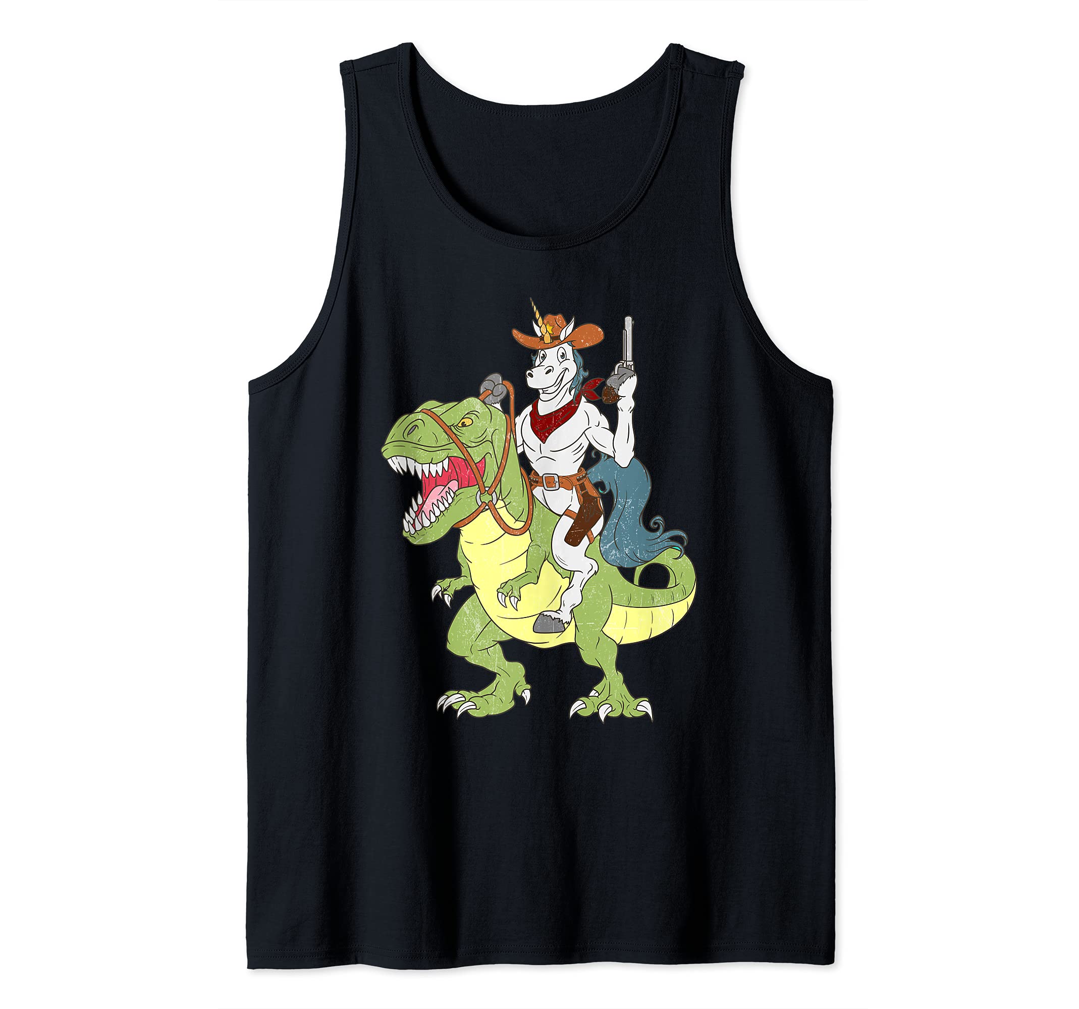 Unicorn Riding Dinosaur T-Rex Vintage Cowboy Sheriff Deputy Tank Top