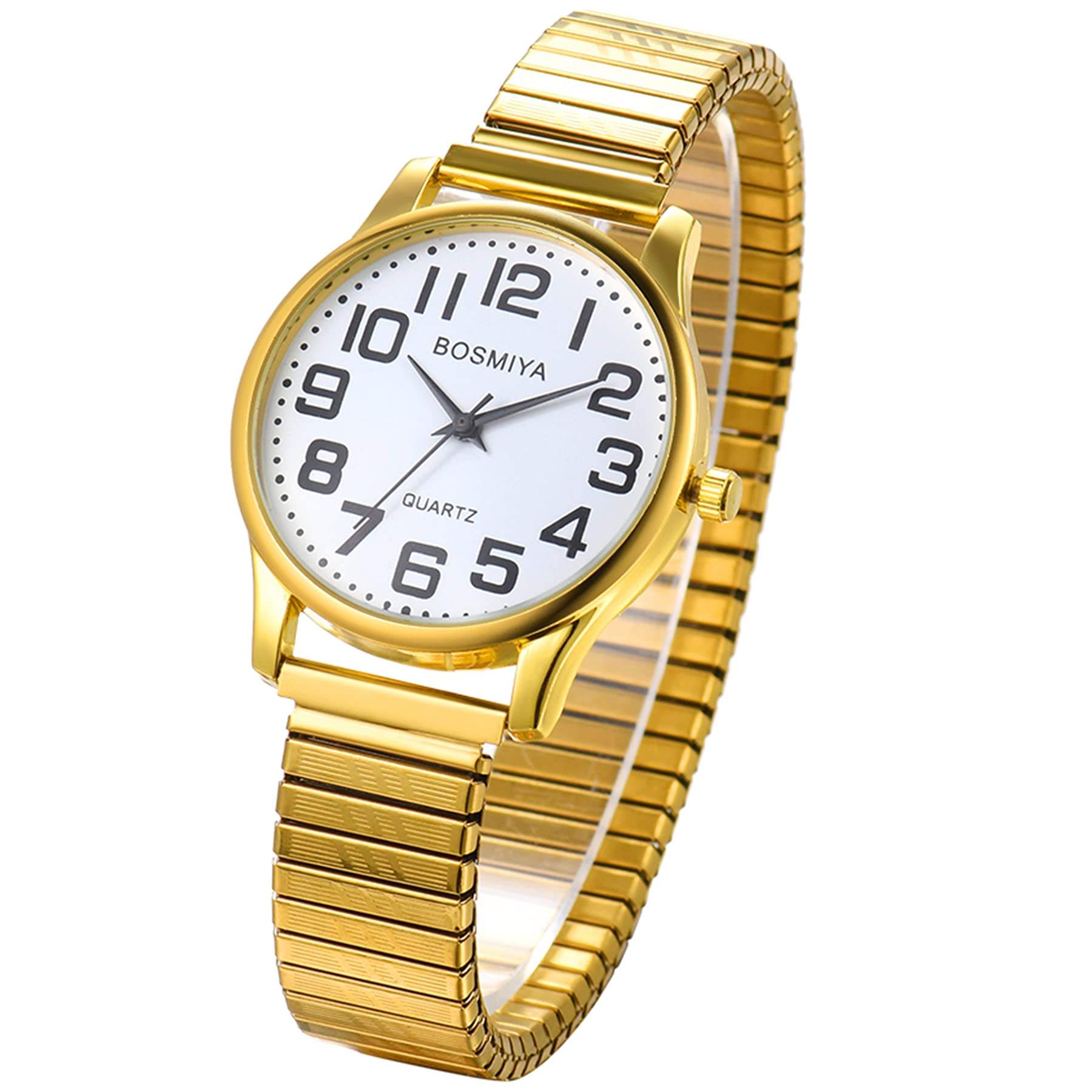 JewelryWe Mens Big Dial Easy Reader Quartz Watch, Gold/Silver Tone Elastic Band Wristwatch, for Xmas Christmas