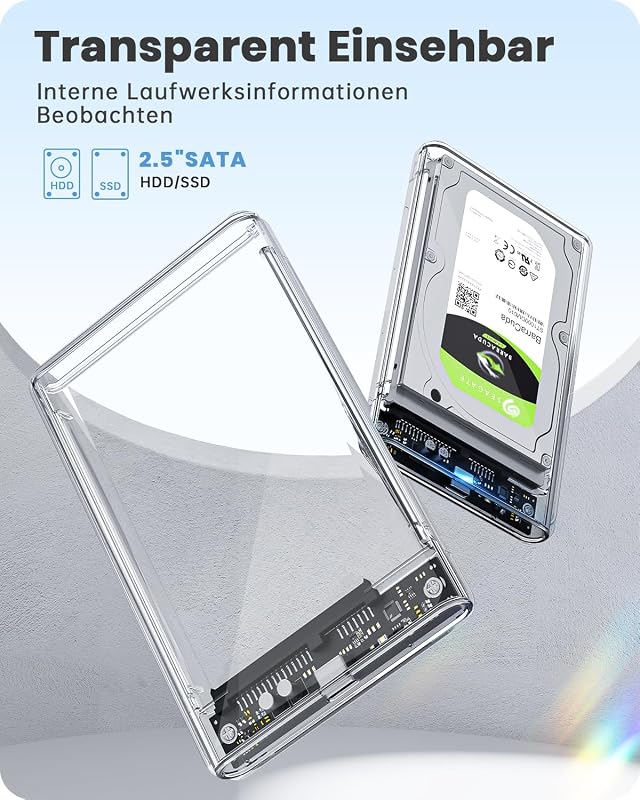Festplattengehäuse 2,5 Zoll, 6Gbps USB C 3.1 Gen 2 Externes Festplatten Gehäuse für 7mm/9.5mm 2.5 Zoll SATA SSD HDD mit UASP, Externe SSD Gehäuse mit USB 3.1 Kabel Werkzeugfreie Montage-Klar