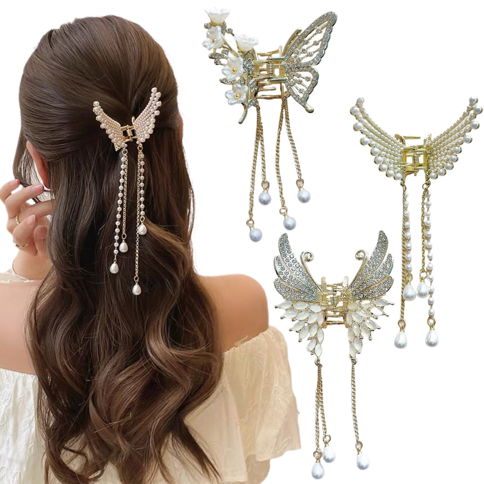 Butterfly Hair claw Clip Small Gold Metal with Fringe Hair Clips Women's Pearls Rhinestone Elegant Hair Accessory for Women and Girls (Pack of 3)