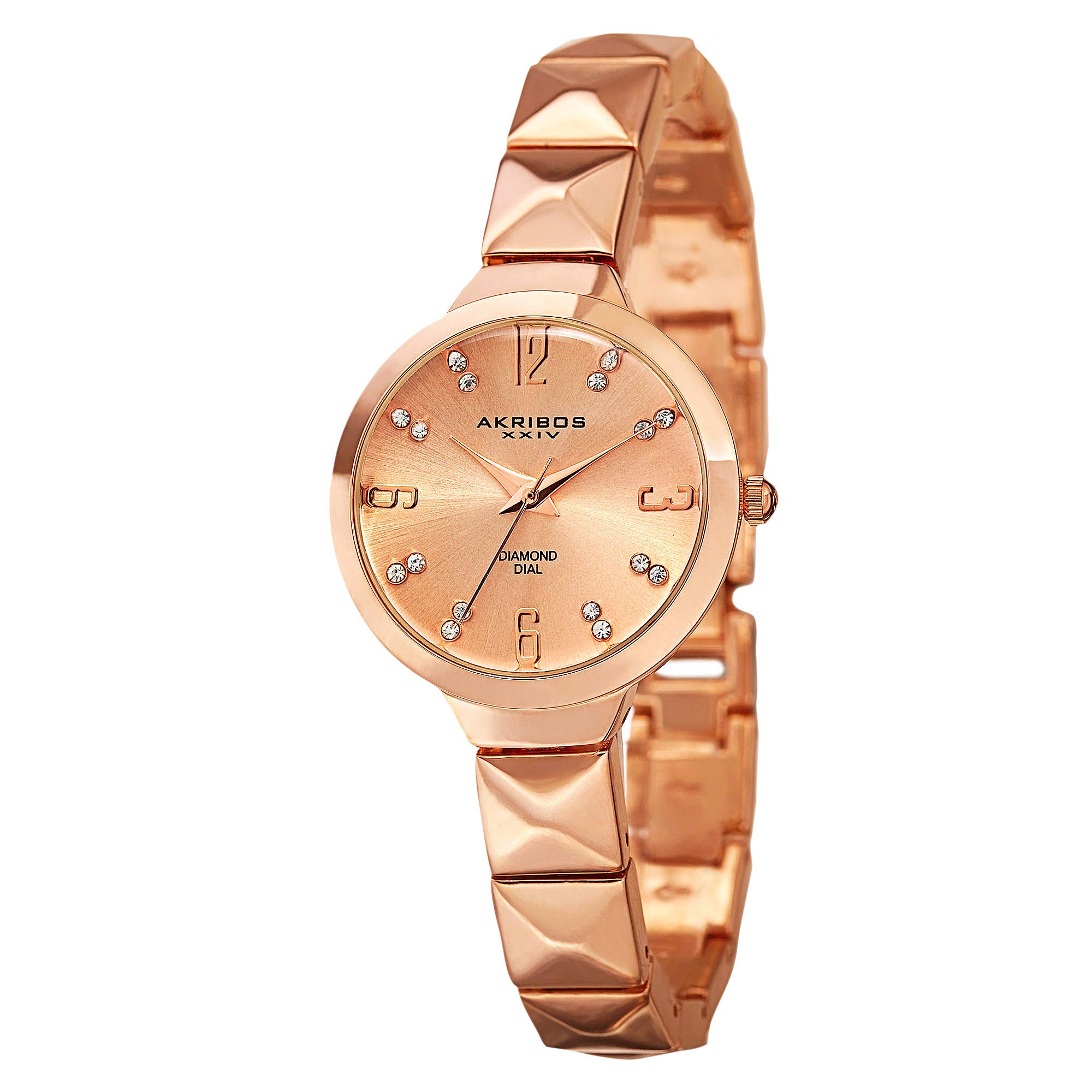 Akribos XXIV Women's Swiss Quartz Watch - 16 Genuine Diamond Markers - with Diamond Dial and Pyramid Cut Chain Bracelet - AK793