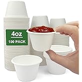 CAMKYDE 4 oz Disposable Bagasse Fiber Souffle Cups 100pk, 100% Natural Biodegradable Compostable Condiment Cups Sample Cup Tasting Cup (White, Pack of 100)