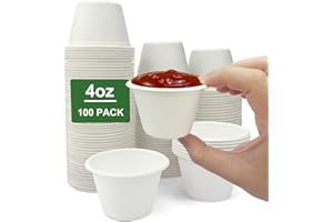 CAMKYDE 4 oz Disposable Bagasse Fiber Souffle Cups 100pk, 100% Natural Biodegradable Compostable Condiment Cups Sample Cup Ta