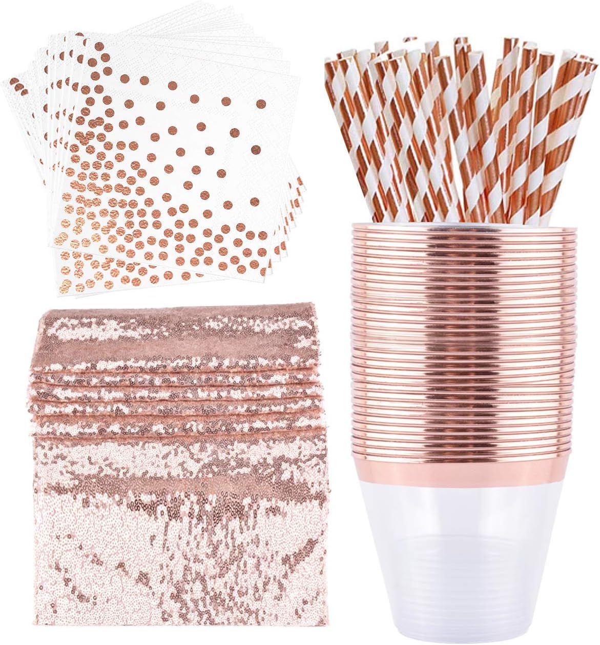 OUGOLDOUGOLD 2Pcs 12x108inch Disposable Rectangular Tablecloth Rose Gold Set Sequins Table Runners and 54x108inch Table Cloths Plastic Table Runner for Rose Gold Party Decorations (A-Rose Gold)