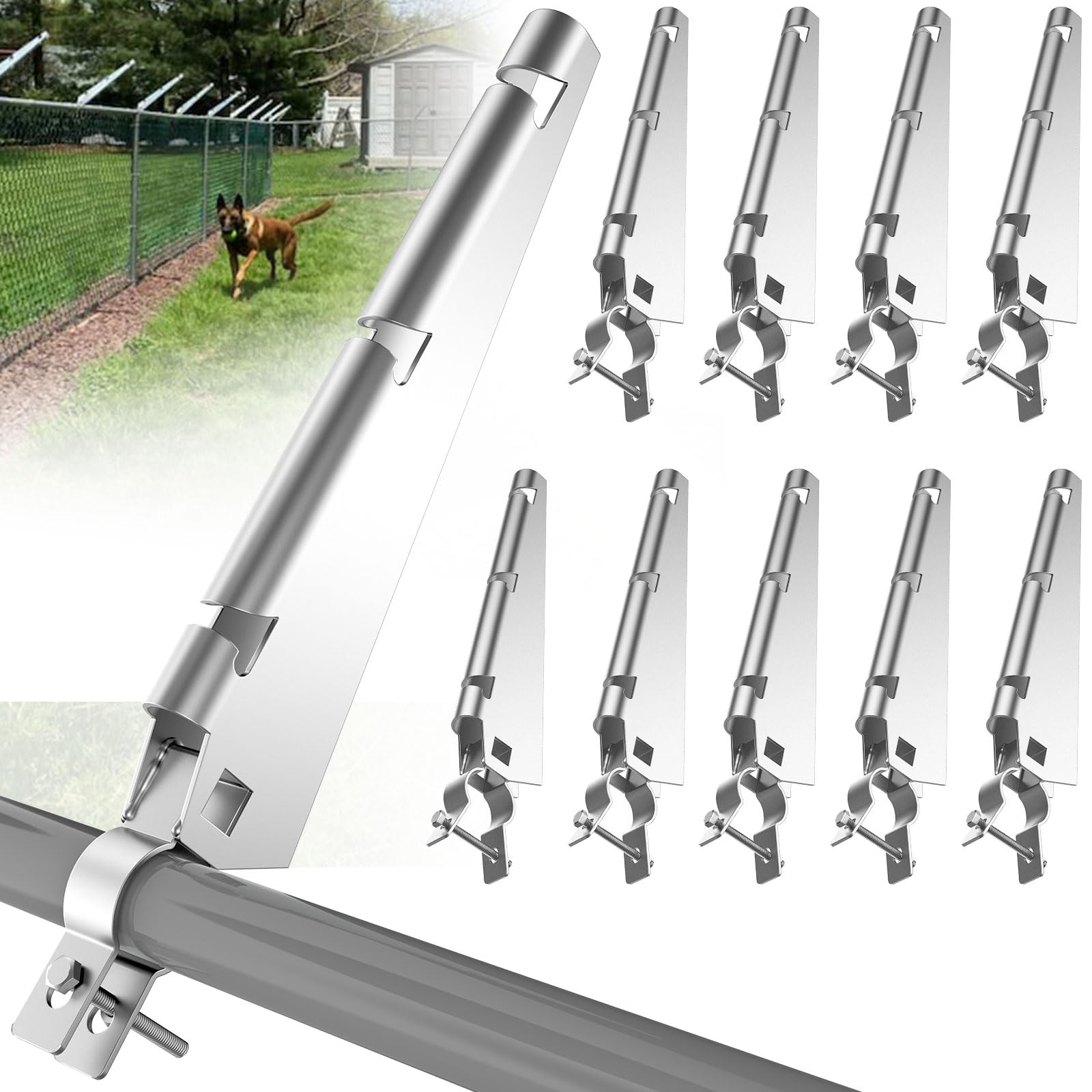 Photo 1 of 10 Pack Barbed Wire Arm for Top Rail Chain-Link Fence,Galvanized Steel Fence Height Extender for Garden Outdoor, Cornered Barbwire Arm Barbwire Arm Extensions for Chain Link Fence (1-3/8“-10 Pack)