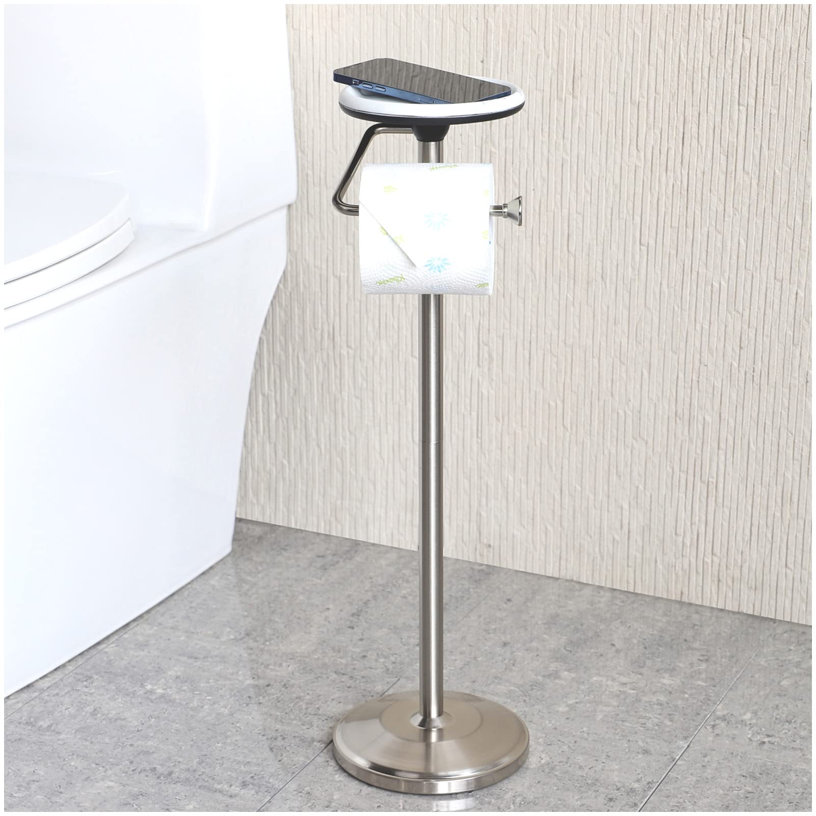 zccz Freestanding Toilet Paper Holder Stand - Bathroom Toilet Paper Holder with Brushed Nickel Finish - Toilet Paper Holder with Shelf, Includes Storage for Paper Rolls and Top Tray - Nickel