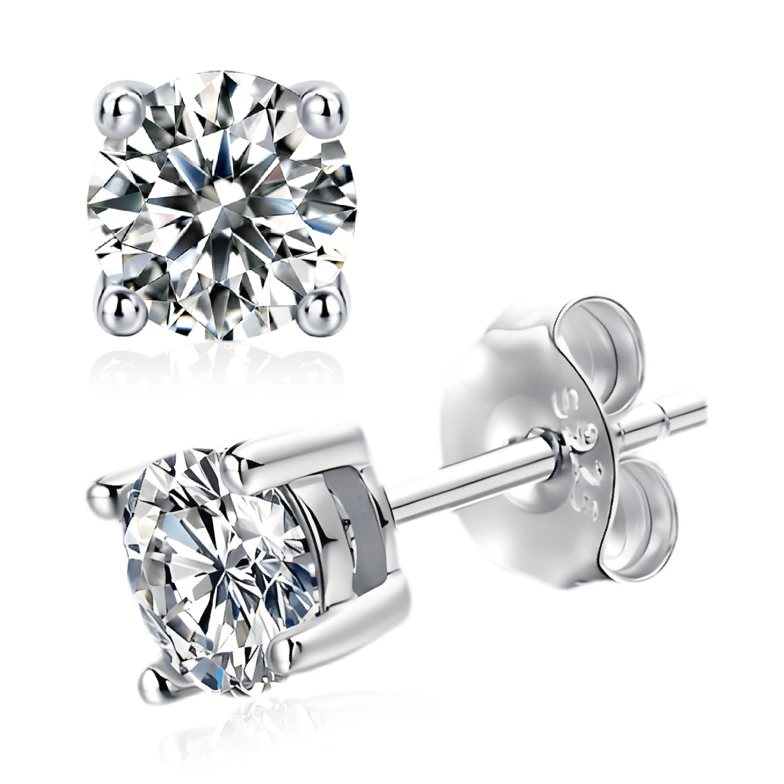Ve Celestelle Moissanite Stud Earrings, 925 Sterling Silver, 18K White Gold Plated, Round Cut (1 Carat-(0.5ct*2)-5mm)