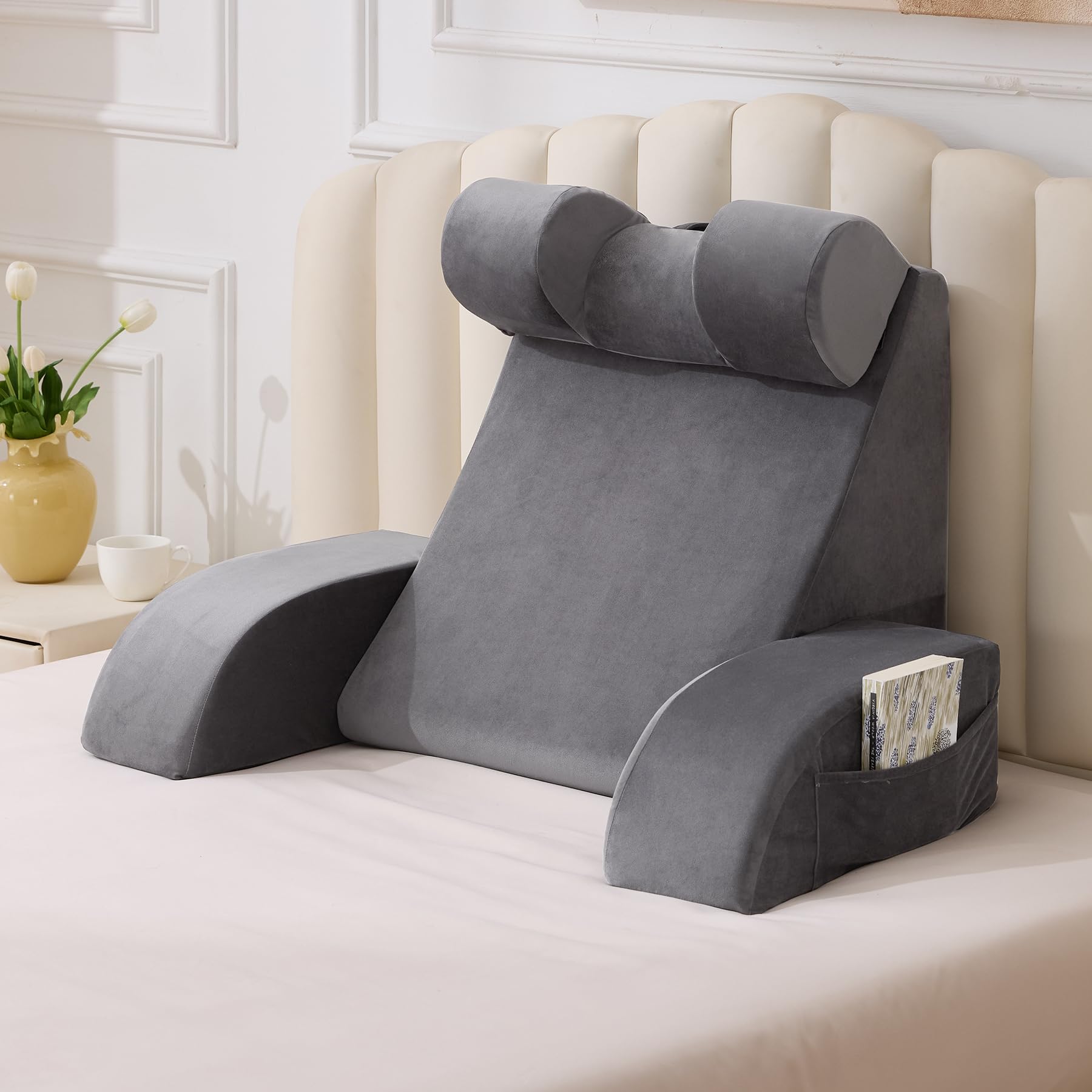 Photo 1 of Velorose Reading Pillow for Sitting in Bed Adult, Back Pillow for Bed Sitting up, Backrest Pillow with Arms, Back Support Pillows for Gaming Lounging Watching TV, Medium 19" Grey