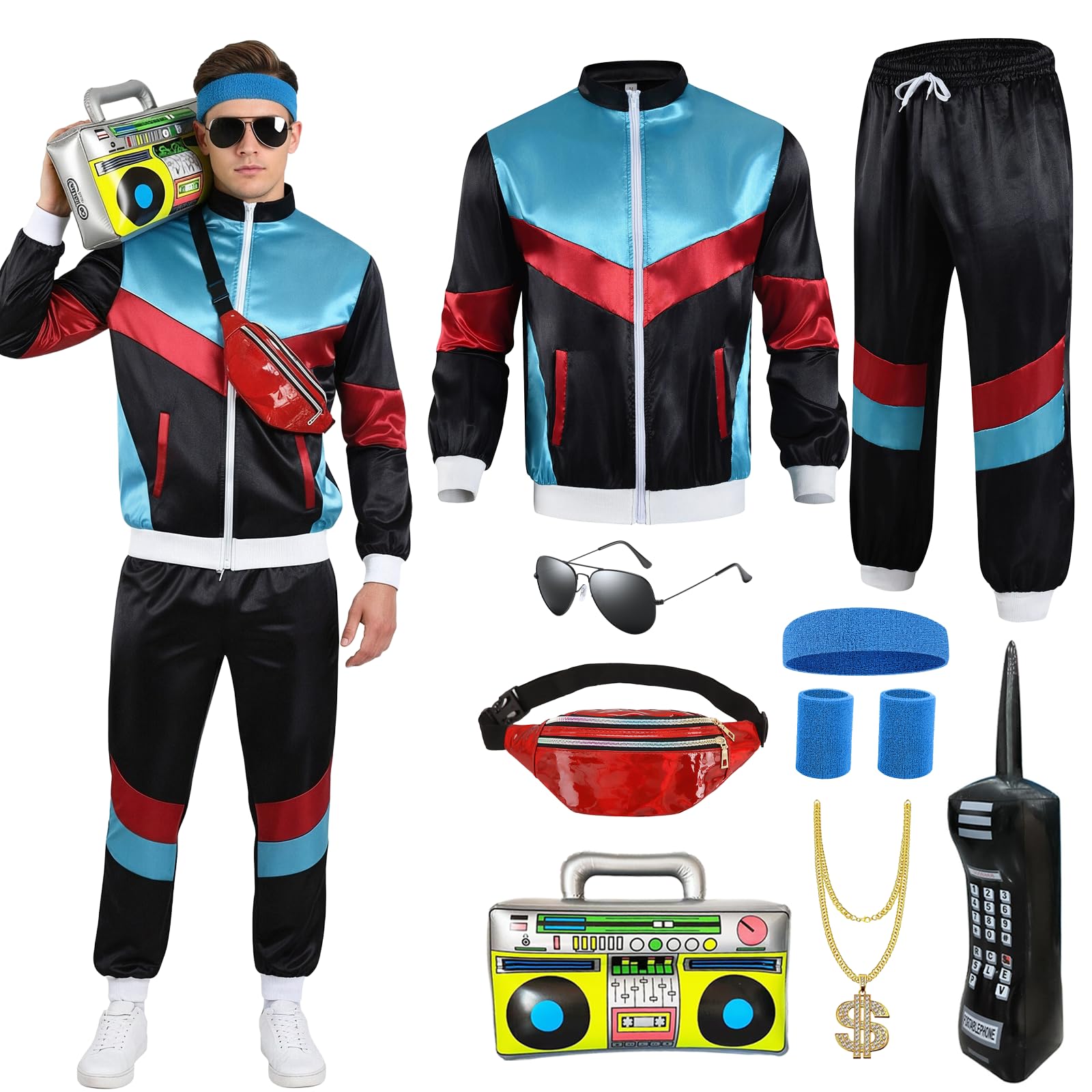 Xerteam 80s 90s Fancy Dress Men with Accessories, Retro 80s 90s Hip Hop Outfit for Adults, 80s Fancy Dress Set with 1 Sportswear Shirt Pant Hat Necklace Balloon Glasses (Black blue, L) — image 1