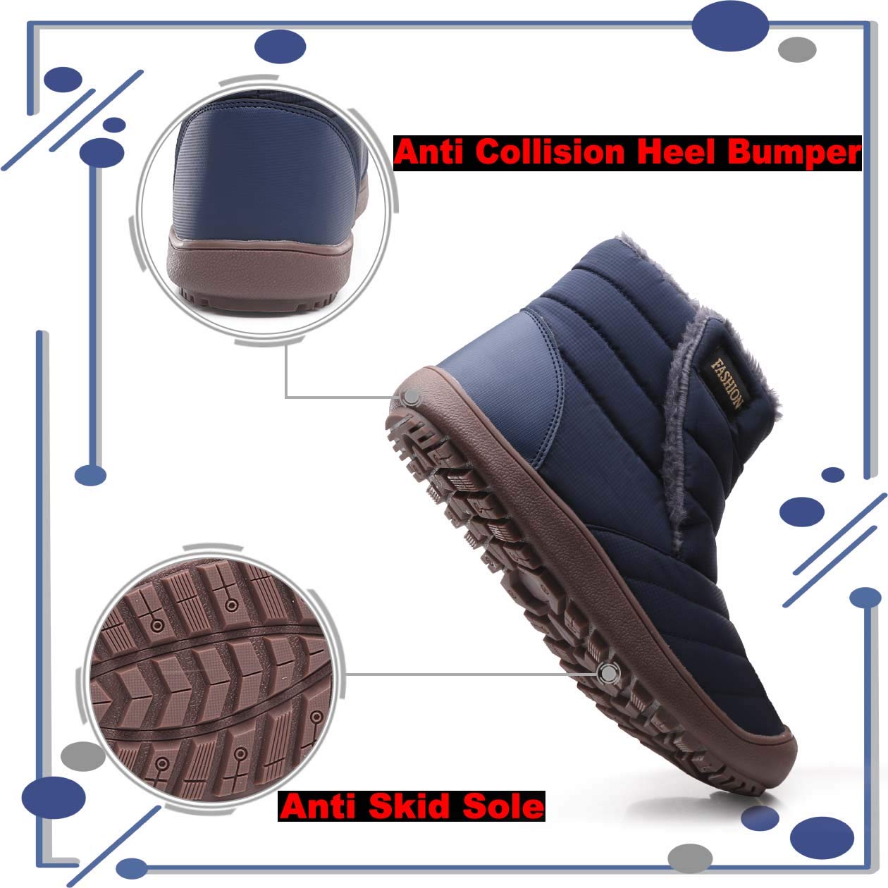 CARENURSE Men Women Winter Snow Boots with Fur Velcro Closure Water Resistant Lightweight Slip On Ankle Booties for Outdoor Blue