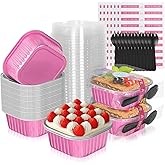 HEYYUMI 10oz Aluminum Foil Brownie Pans with Lids, 40 Pack Square Cake Pans, Disposable Ramekins Cupcake Cups Containers,Mini Cake Baking Pans,Large Muffin Tin Holder for Catering Gathering - Pink