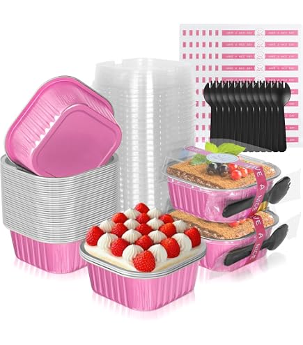 Sliner 100-Pack 10 Oz Mini Cake Pans With Lids - Aluminum Foil Square Cups, Sporks, Stickers, Black Gold