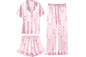 Umeyda Girls 3 Pieces Pajamas Sets Silk Satin Ruffle Sleepwear Short Sleeve Button-Down 3Pjs Nightwear, 5-14 Years