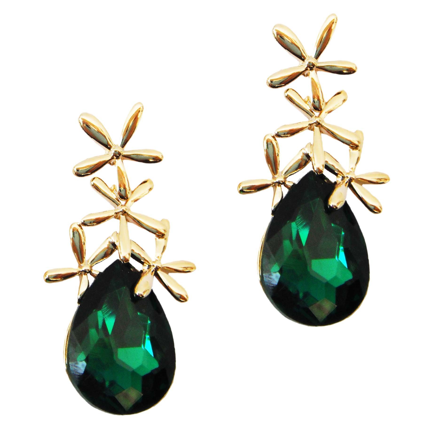 Navachi 18k Gold Plated Crystal Leaves Green Pear-shaped Zirconia Drop Az1505e Ear stud Earrings