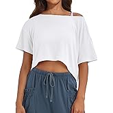 MISSACTIVER Oversized Off The Shoulder Top for Women Short Sleeve Boat Neck Crop Tee Loose Summer Workout Shirt
