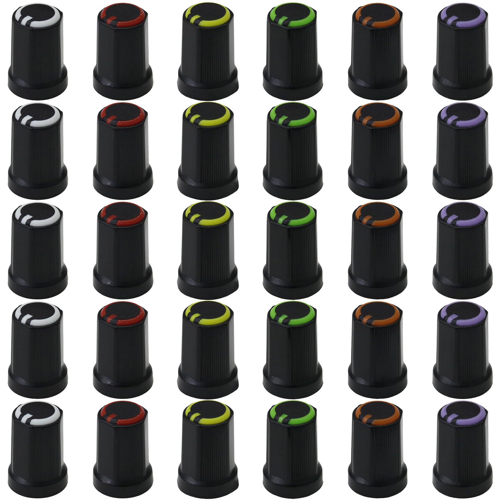30 Pack Mixed Colour 6mm Splined Rotary Control Knobs Black Body Audio/Guitar/Mixer Knob