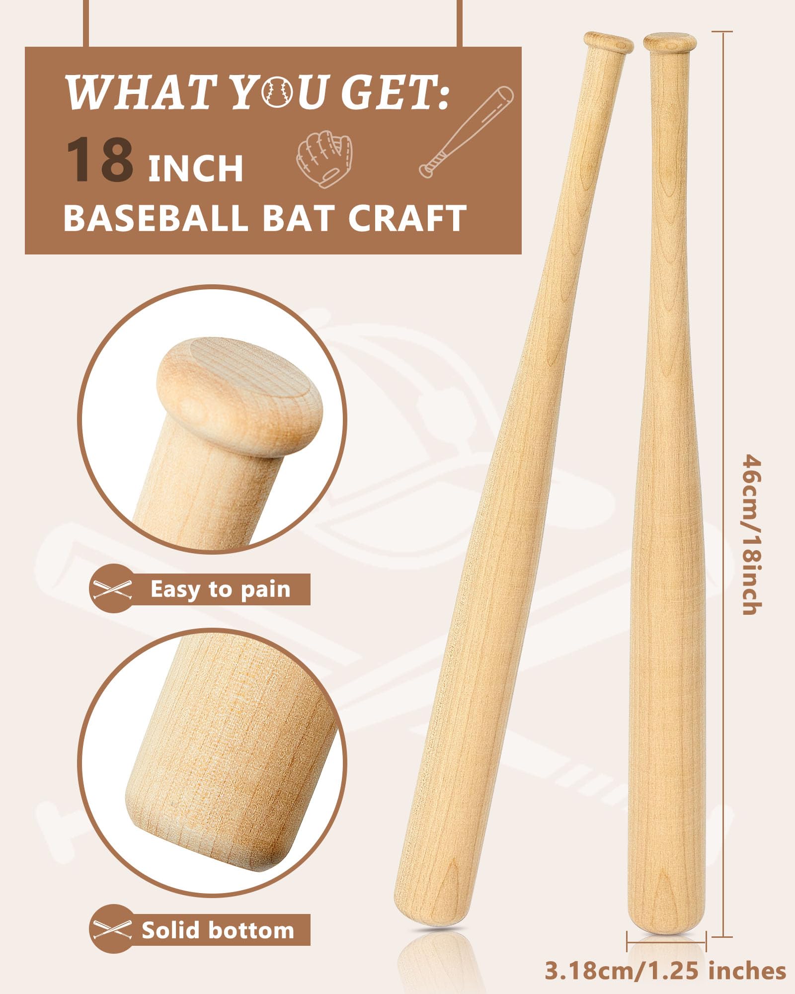 Wettarn 2 Pcs Mini Baseball Bats Miniature 18 Inch Wooden Bats Unfinished for Crafts for Painting DIY Craft Projects Ball Sports Party Decor Favors Gifts