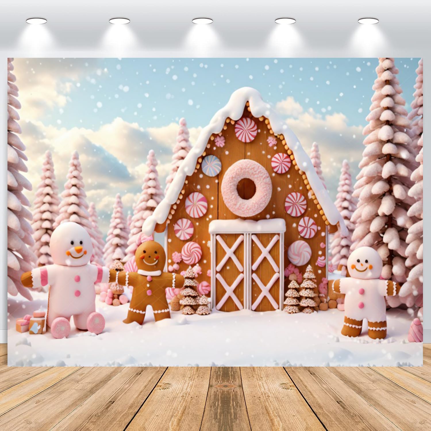 ASDCXZ Christmas Backdrop 2.2x1.5m, Pink Romantic Snowman Donut House Christmas Tree Children Photo Backdrop, Vinyl Family Celebration Party Ornaments Photography Banner