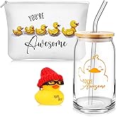 Tioncy Duck Theme Inspirational Gift Set Duck Lovers Thank You Gifts Glass Coffee Tumbler with Lid and Straw Canvas Makeup Bag for Staff Teacher Employee Gifts(3 Pcs,Simple)