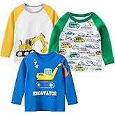 SUPFANS Toddler Boys 3-Pack Long Sleeve Excavator T-Shirt 100% Cotton Basic Tops Car Shirt