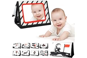 Aolso Tummy Time Baby Mirror Toys, Black and White High Contrast Baby Toys, Sensory Toy with Soft Double Sided Crinkle Cloth Activity Book for Boy&Girls Babies 0 3 6 Months Shower Gifts(Space)