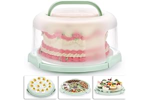 BTSKY Round Cake Carrier Cupcake Containers Keeper with Cover and Handle, 3-in-1 Cake Stand Holds 10 inch Cake or 11 Cupcakes