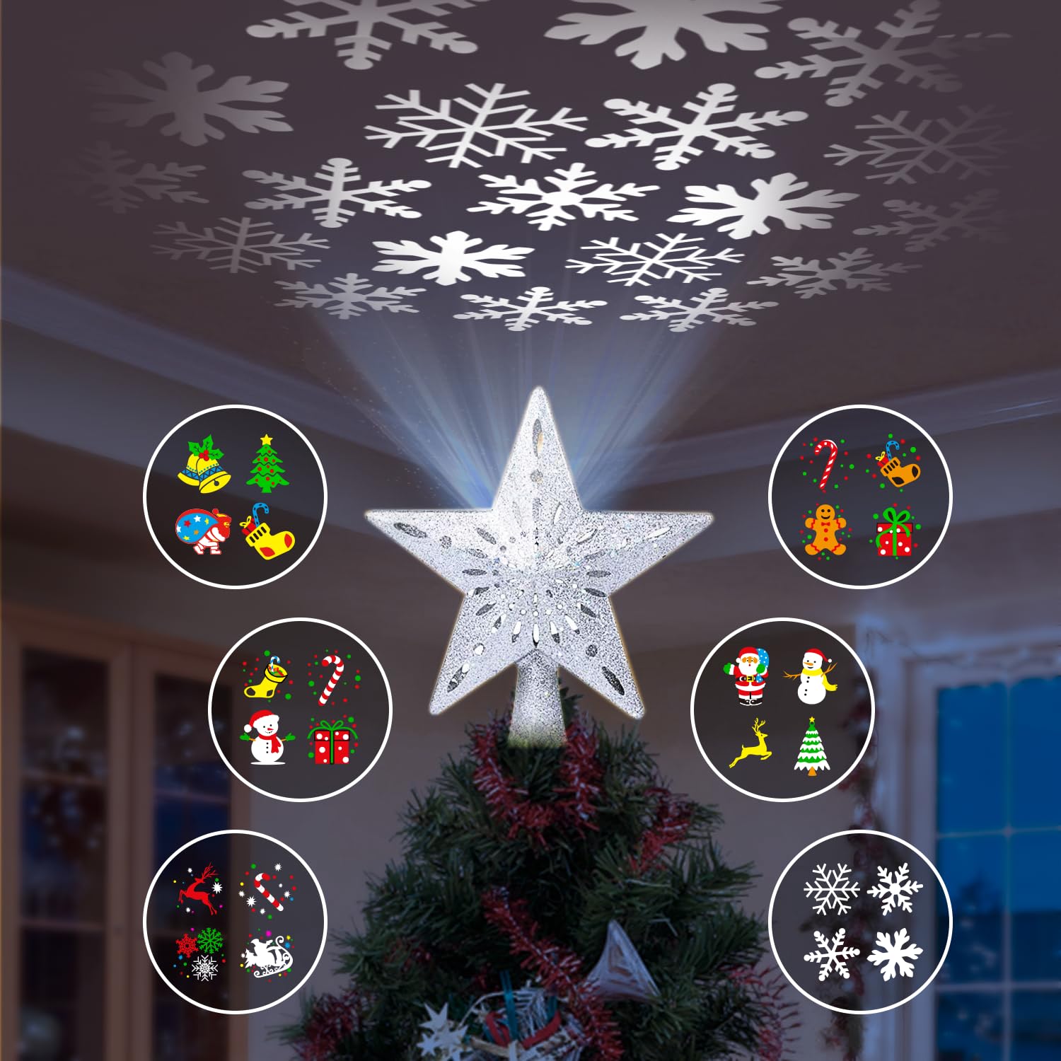 Photo 1 of DG-Direct Christmas Tree Topper Lighted Star with 6 Projected Patterns,3D Hollow Sparkling Star Christmas Tree Topper with Rotating Magic Projector for Christmas Tree Ornament